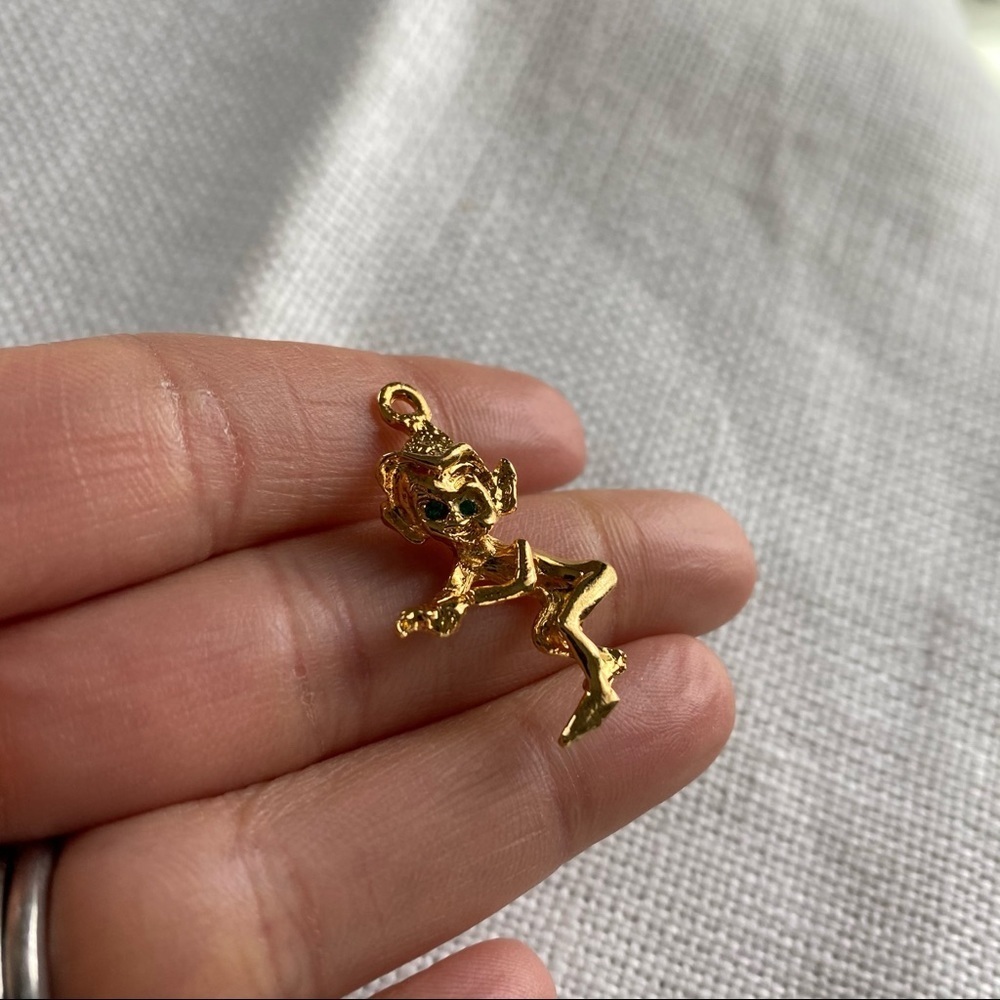 Vintage 1966 HOBCO Gold Elf Charm With Emerald Green Crystal Eyes Marked On Back
